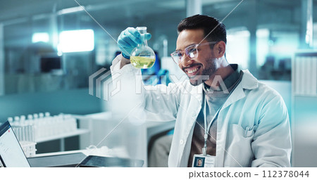 Scientist, man and chemical with laptop in laboratory for chemistry experiment, test sample and research. Science, person and liquid inspection for clinical analysis, expert investigation and happy Scientist, man and chemical with laptop in laboratory for chemistry experiment, test sample and research. Science, person and liquid inspection for clinical analysis, expert investigation and happy 112378044