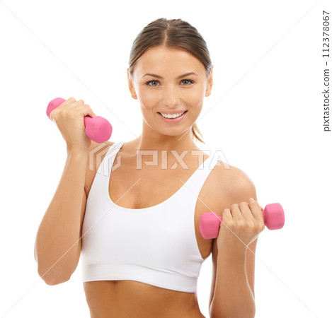 Woman, dumbbells or portrait in studio for exercise, healthy training or sports workout on white background. Happy model, fitness or weights for performance, action and power of biceps, arm or muscle 112378067