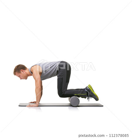 Exercise balance, foam roller and man in push up for arm strength building, muscle growth or rehabilitation workout. Stability activity, mockup studio space or person training on white background 112378085