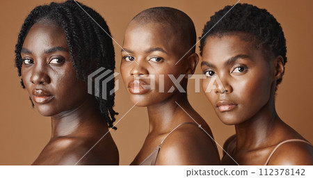 Skincare, beauty and young black women in studio with glowing, natural and facial routine. Wellness, cosmetic and portrait of African female friends with dermatology treatment by brown background. 112378142
