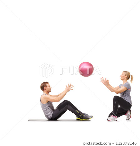 Coach, man and woman with gym ball for fitness in studio, body wellness and support. Sports workout, fit girl and personal trainer with sphere for balance, training and power on white background. 112378146