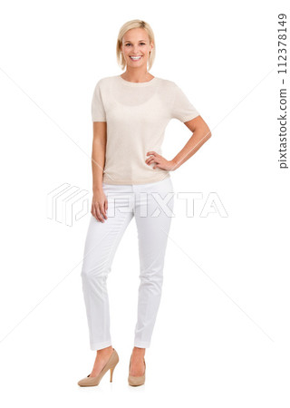 Fashion model, woman and happy in smile portrait, excited and standing on white background. Businesswoman, corporate and professional in studio for work, elegant and entrepreneur person in casual 112378149