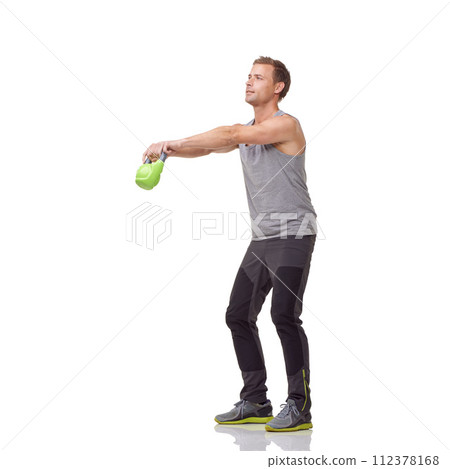 Training, workout and studio man with kettlebell for muscle growth, strength development or weightlifting performance. Gym equipment, weight lifting technique and sports athlete on white background 112378168