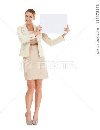 Professional woman, poster space and presentation for advertising job opportunity, news or information in studio. Portrait of business or HR person with paper and career mockup on a white background 112378178