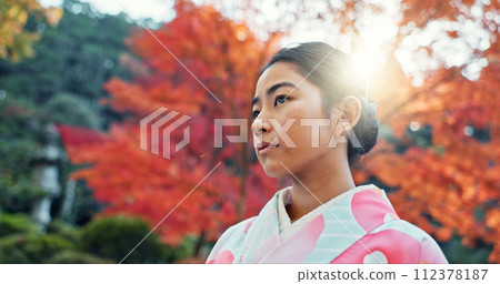 Woman in park, Asian and peace, thinking about life with reflection and tranquility in traditional clothes. Travel, Japanese garden and nature for fresh air, inspiration or insight with floral kimono Woman in park, Asian and peace, thinking about life with reflection and tranquility in traditional clothes. Travel, Japanese garden and nature for fresh air, inspiration or insight with floral kimono 112378187