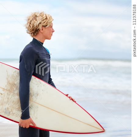 Surfer, man and sea view on beach with surfboard, vacation and adventure for fitness and travel. Ocean, waves for surfing and seaside holiday in Hawaii, nature and tourism with extreme sports Surfer, man and sea view on beach with surfboard, vacation and adventure for fitness and travel. Ocean, waves for surfing and seaside holiday in Hawaii, nature and tourism with extreme sports 112378188