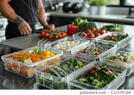 A fitness enthusiast prepares a range of vibrant, vegetable-rich meals. Generative AI. A fitness enthusiast prepares a range of vibrant, vegetable-rich meals. Generative AI. 112378199
