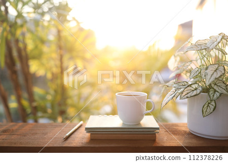 Coffee cup and notebook and Angel wings plant on wooden table under sunlight 112378226