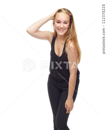Woman, portrait and smile for fashion in studio, casual style and confident on white background. Happy female person, outfit and aesthetic on mockup space, student and full body for designer clothes 112378228
