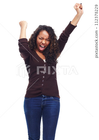 Shouting, smile and woman with celebration, excited and emoji isolated on white studio background. Person, model and winner with victory and prize with expression and girl with wow, omg or cheerful Shouting, smile and woman with celebration, excited and emoji isolated on white studio background. Person, model and winner with victory and prize with expression and girl with wow, omg or cheerful 112378229