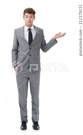 Studio, portrait and confused businessman in presentation offer for opinion, choice or decision. Announcement, opportunity or business promotion with man showing mockup space on white background. Studio, portrait and confused businessman in presentation offer for opinion, choice or decision. Announcement, opportunity or business promotion with man showing mockup space on white background. 112378231