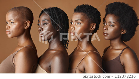 Beauty, face or black women with skincare, glowing skin or afro isolated on brown background. Facial dermatology, models or natural cosmetics for makeup in studio with girl friends or African people Beauty, face or black women with skincare, glowing skin or afro isolated on brown background. Facial dermatology, models or natural cosmetics for makeup in studio with girl friends or African people 112378236