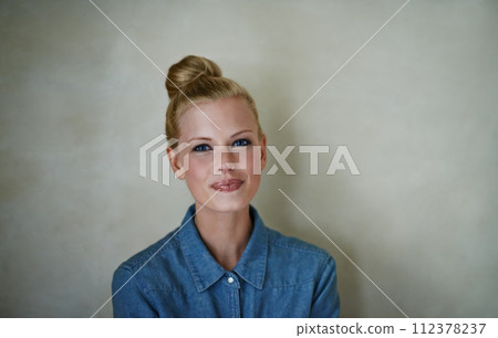 Hipster woman, portrait and studio with denim, style and fashion for streetwear. Canadian female person, smile and space in background, shirt and casual look for trendy and apparel for mockup 112378237