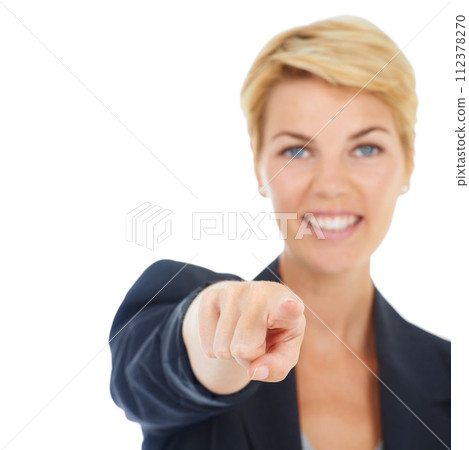 Portrait, happy woman or manager pointing to you for recruitment on white background in studio. Business, smile or worker with gesture, choice or promotion showing an opportunity, pick or selection Portrait, happy woman or manager pointing to you for recruitment on white background in studio. Business, smile or worker with gesture, choice or promotion showing an opportunity, pick or selection 112378270