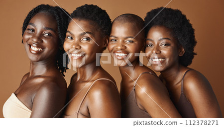 Face, beauty and smile with black woman friends in studio on a brown background for natural wellness. Portrait, skincare and happy with a group of people looking confident at antiaging treatment Face, beauty and smile with black woman friends in studio on a brown background for natural wellness. Portrait, skincare and happy with a group of people looking confident at antiaging treatment 112378271