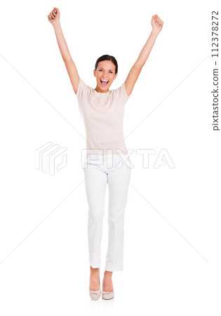 Business woman, portrait and celebration in studio, smile and pride for career win on white background. Female person, full body and fist pump for promotion, bonus and happy for opportunity or reward 112378272