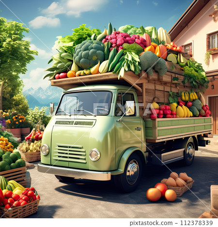 A car with various vegetables and fruits. Healthy food and nutrition concept. A car with various vegetables and fruits. Healthy food and nutrition concept. 112378339