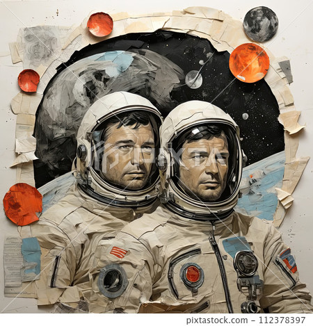 Man and woman astronauts in space. Retro card. 112378397