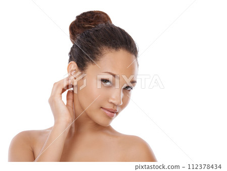 Woman, portrait and skincare or beauty, smiling and happy with facial or grooming by white background. Female person, face and wellness or cosmetics and dermatology, studio and natural spa treatment Woman, portrait and skincare or beauty, smiling and happy with facial or grooming by white background. Female person, face and wellness or cosmetics and dermatology, studio and natural spa treatment 112378434