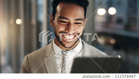 Office tablet, face and happy man reading, scroll or smile for company growth data, startup revenue or success analytics. Night report, feedback review or professional person check project statistics Office tablet, face and happy man reading, scroll or smile for company growth data, startup revenue or success analytics. Night report, feedback review or professional person check project statistics 112378447