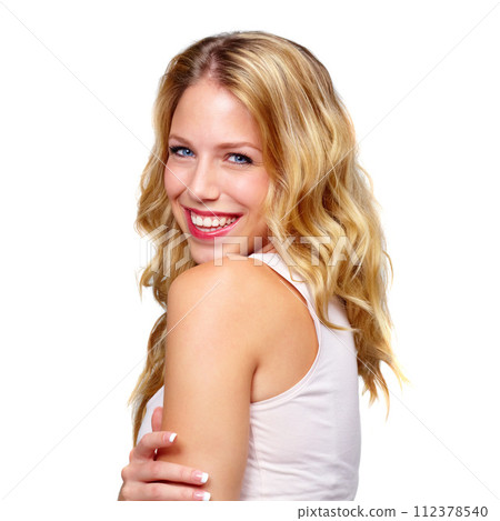 Smile, hair care or portrait of happy woman in studio for keratin growth or healthy natural shine. Face, wellness or model with confidence or beauty for blonde hairstyle results on white background Smile, hair care or portrait of happy woman in studio for keratin growth or healthy natural shine. Face, wellness or model with confidence or beauty for blonde hairstyle results on white background 112378540