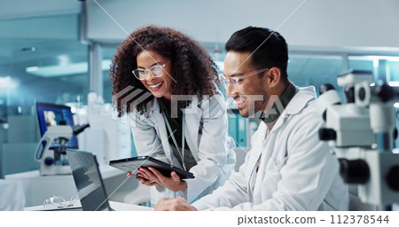Science, teamwork and scientist with tablet in laboratory for communication, pharmaceutical review or planning. Employees, collaboration and technology for research, discussion and digital analysis Science, teamwork and scientist with tablet in laboratory for communication, pharmaceutical review or planning. Employees, collaboration and technology for research, discussion and digital analysis 112378544