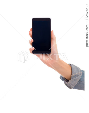 Hand, phone and blank screen in studio, display and mockup space or social media on white background. Person, tech and website or networking for marketing, app and internet or online for advertising 112378592