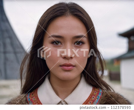 Young woman in ethnic clothes against the background of buildings Young woman in ethnic clothes against the background of buildings 112378593