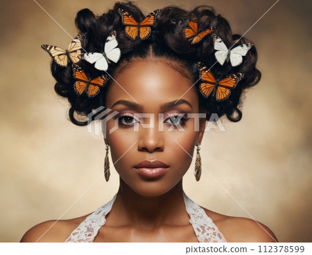 Portrait of an African American woman with curly hair and butterflies on a gold background. Portrait of an African American woman with curly hair and butterflies on a gold background. 112378599