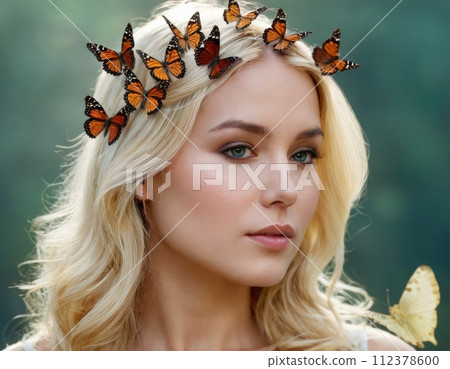 Image of a blonde with butterflies against a background of nature. Image of a blonde with butterflies against a background of nature. 112378600