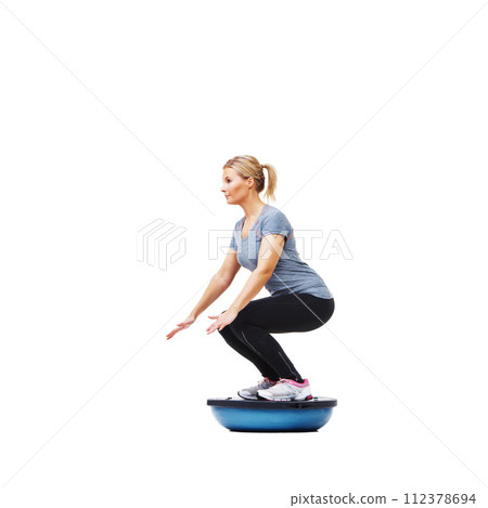 Woman, half ball or squat balance in studio workout performance isolated on white background. Female athlete, training equipment or fitness for mockup space, body challenge or exercise for wellness 112378694