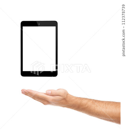 Hand, tablet and screen for marketing in studio, display and product placement on white background. Person, tech and website or networking on mockup space, app and blank or online for advertising Hand, tablet and screen for marketing in studio, display and product placement on white background. Person, tech and website or networking on mockup space, app and blank or online for advertising 112378739