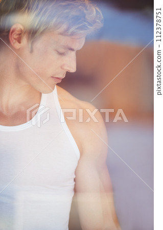 Man, window and thinking in house, vision or start morning for choice, planning or problem solving. Person, guy and solution for ideas, brainstorming or memory for reflection, remember or perspective 112378751