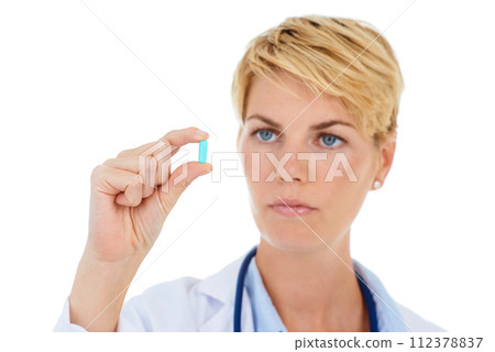 Woman, doctor and pill for prescription or medicine, inspection and drug dispensary in studio. Female pharmacist, medical research and healthcare or inventory, supplement and care by white background Woman, doctor and pill for prescription or medicine, inspection and drug dispensary in studio. Female pharmacist, medical research and healthcare or inventory, supplement and care by white background 112378837