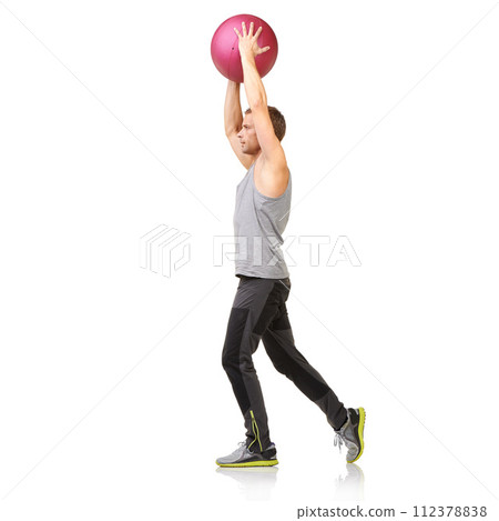 Man in studio with stretching, gym ball and mockup for exercise, body wellness and commitment. Workout, muscle training and athlete with sphere for balance, fitness or performance on white background 112378838