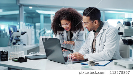 Science, teamwork and scientist with tablet in laboratory for communication, pharmaceutical review or planning. Employees, collaboration and technology for research, discussion and digital analysis 112378897