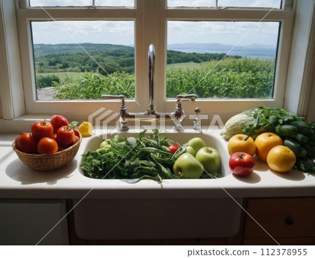 Vegetable still life by the window. Vegetable still life by the window. 112378955