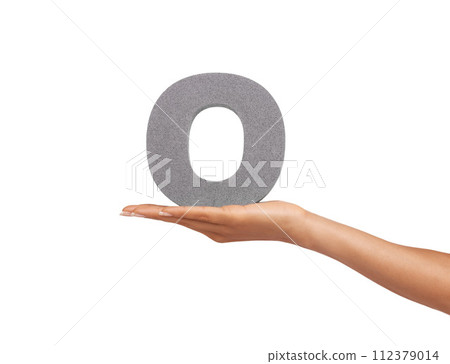 O, alphabet and hand with letter on a white background for spelling, language and message. English, communication and isolated sign, symbol and icon on palm in studio for learning, education and font 112379014