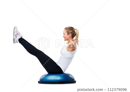 Sports, half ball and woman athlete in studio for stretching body workout or training with balance. Sports, equipment and young female person with muscle warm up exercise isolated by white background 112379096