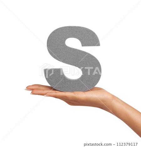 S, learning and hand with letter on a white background for spelling, language and message. English, communication and isolated sign, symbol and icon on palm in studio for alphabet, education and font S, learning and hand with letter on a white background for spelling, language and message. English, communication and isolated sign, symbol and icon on palm in studio for alphabet, education and font 112379117