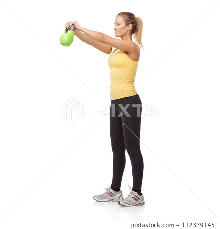 Exercise, workout and studio woman with kettlebell swing for muscle growth, strong arm strength or weightlifting. Fitness club equipment, wellness commitment and girl bodybuilding on white background Exercise, workout and studio woman with kettlebell swing for muscle growth, strong arm strength or weightlifting. Fitness club equipment, wellness commitment and girl bodybuilding on white background 112379145