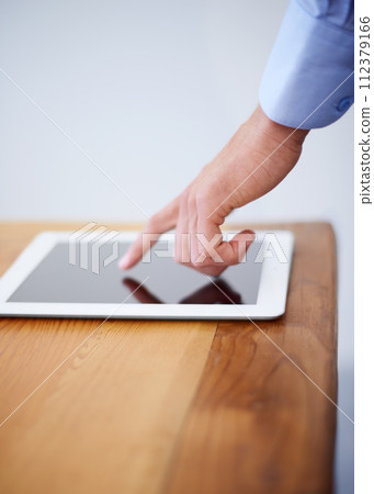 Tablet, finger and pointing for interactive screen, mockup and technology for networking or touch. Businessman, internet and responsive design for application, web and research in office or display Tablet, finger and pointing for interactive screen, mockup and technology for networking or touch. Businessman, internet and responsive design for application, web and research in office or display 112379166