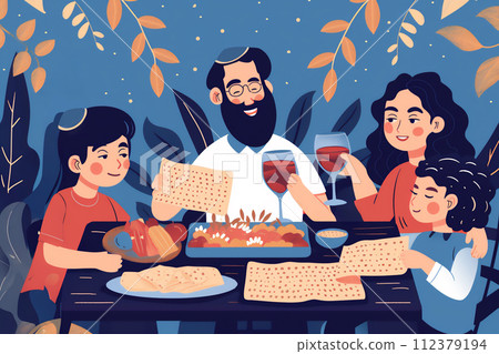 AI-generated content. Happy Jewish family celebrated Pesach Seder 112379194