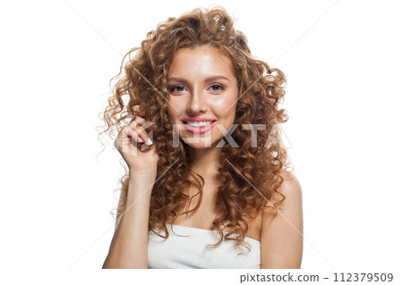 Glamorous young healthy lady portrait. Perfect woman with long frizzy hairstyle, natural makeup Glamorous young healthy lady portrait. Perfect woman with long frizzy hairstyle, natural makeup 112379509