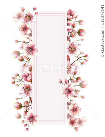 A blossoming branch from spring tree, sakura, Japanese cherry buds and flowers Springtime watercolor template with space for text for your card banner Hand drawn isolated illustration white background A blossoming branch from spring tree, sakura, Japanese cherry buds and flowers Springtime watercolor template with space for text for your card banner Hand drawn isolated illustration white background 112379541