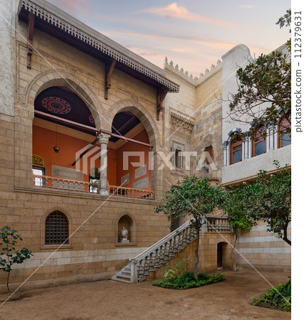 Traditional Mamluk Architecture Courtyard big balcony and Staircase in the Afternoon 112379631