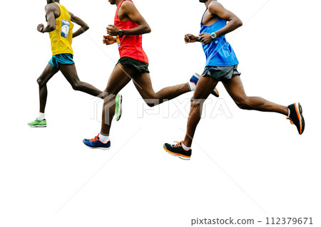 leading group african runners dressed in bright sports clothes race, isolated on white background leading group african runners dressed in bright sports clothes race, isolated on white background 112379671