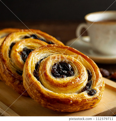 Freshly baked raisin danish and coffee on a wooden board 112379711