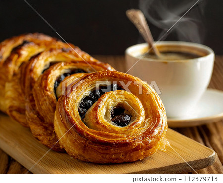 Freshly baked raisin danish and coffee on a wooden board Freshly baked raisin danish and coffee on a wooden board 112379713