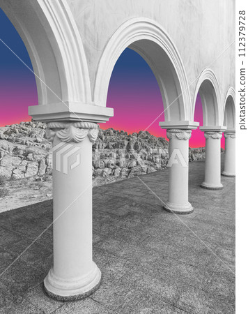 Surreal collage with elements classic architecture. Art poster, concept, zine cover. Antique cityscape Surreal collage with elements classic architecture. Art poster, concept, zine cover. Antique cityscape 112379728